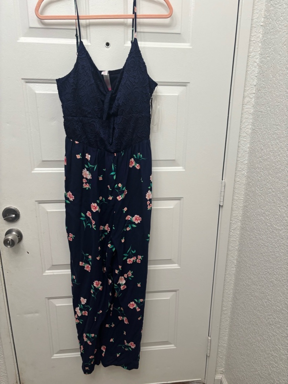 No Boundaries Navy Floral Lace Bodice Jumpsuit